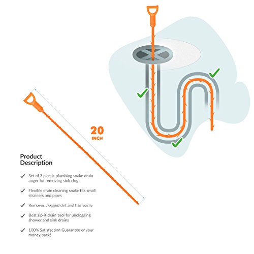 Drain Cleaner and Cleaning Tool by Green-world - Set of 3 Hair Drain Clog Remover and Removal Opener Sink and Bathtub, Toilet - Hook Catcher Unclogger and Auger Plumbing - Zip It