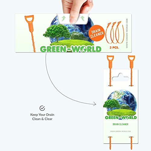 Drain Cleaner and Cleaning Tool by Green-world - Set of 3 Hair Drain Clog Remover and Removal Opener Sink and Bathtub, Toilet - Hook Catcher Unclogger and Auger Plumbing - Zip It