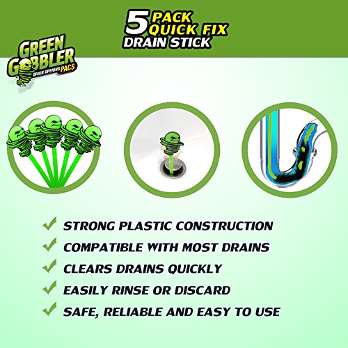 Green Gobbler Hair Grabber Tool Drain Snake Hair Clog Remover Drain Opener For Sinks Tubs and Showers, Pack of 5