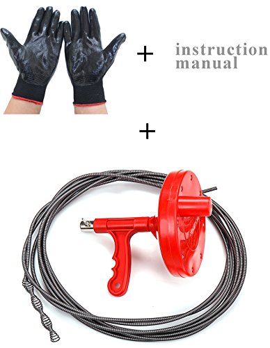 Drain Augers Plumbing Snake Pipe Cleaner Household Auger 1/4" x 25' Spring Cable with Gloves (25 feet, Red)