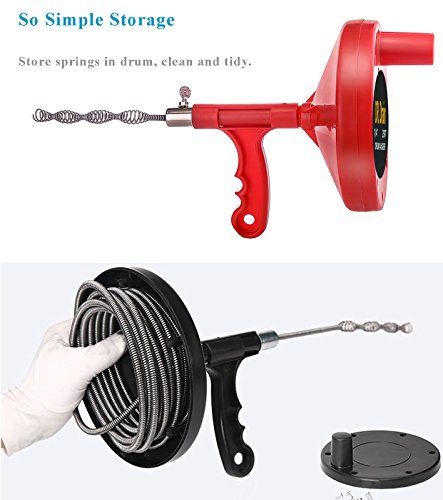 Drain Augers Plumbing Snake Pipe Cleaner Household Auger 1/4" x 25' Spring Cable with Gloves (25 feet, Red)
