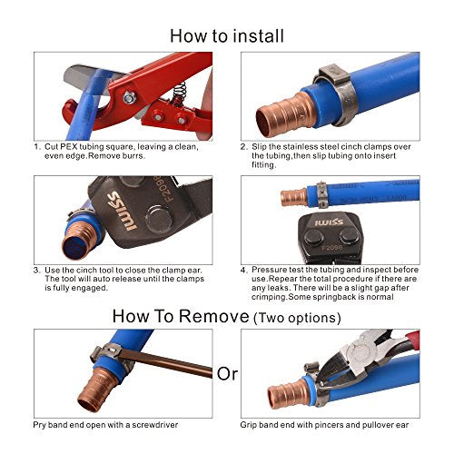 IWISS PEX CINCH Crimping Tool Crimper for Stainless Steel Clamps from 3/8"to 1" with 1/2" 20PCS and 3/4" 10PCS SS PEX Clamps