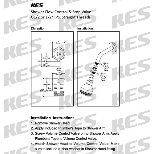 KES K1140B3 Shower Head Shut-Off Valve Brass with Metal Handle, Polished Chrome